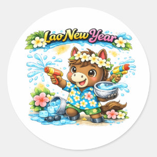 Sticker Rond Chemise de la fête de l'eau Pi Mai Lao Cheval Mign