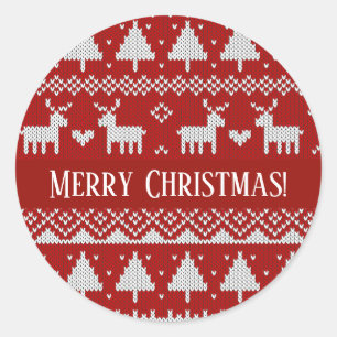 Sticker Rond Chemise de Noël tricotée Ornements rouges et blanc