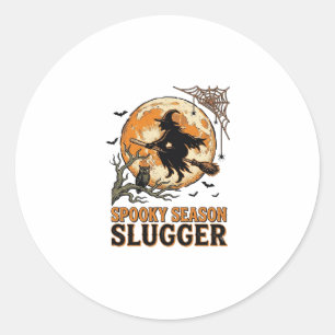 Sticker Rond Chemise Halloween Baseball Sorcière Gravure Vintag