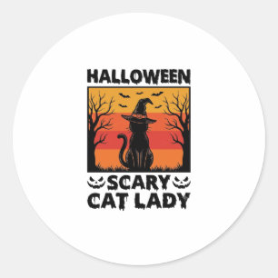 Sticker Rond Chemise Halloween Dame de chat effrayant Gravure V