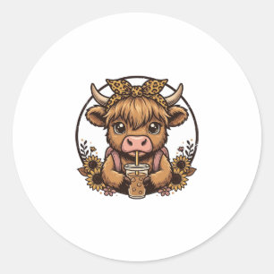 Sticker Rond Chemise Vintage Fleur de Tournesol Café Vache High