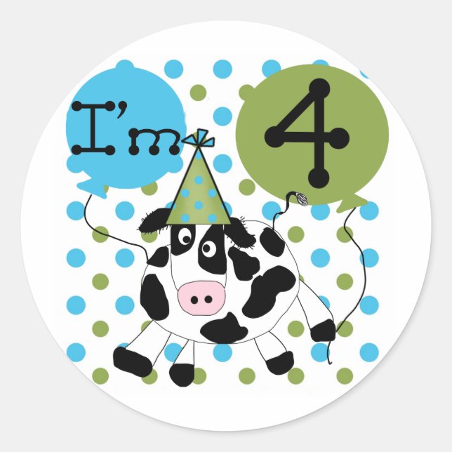 Sticker Rond Chemises et cadeaux Blue Cow 4th Birthday (Devant)