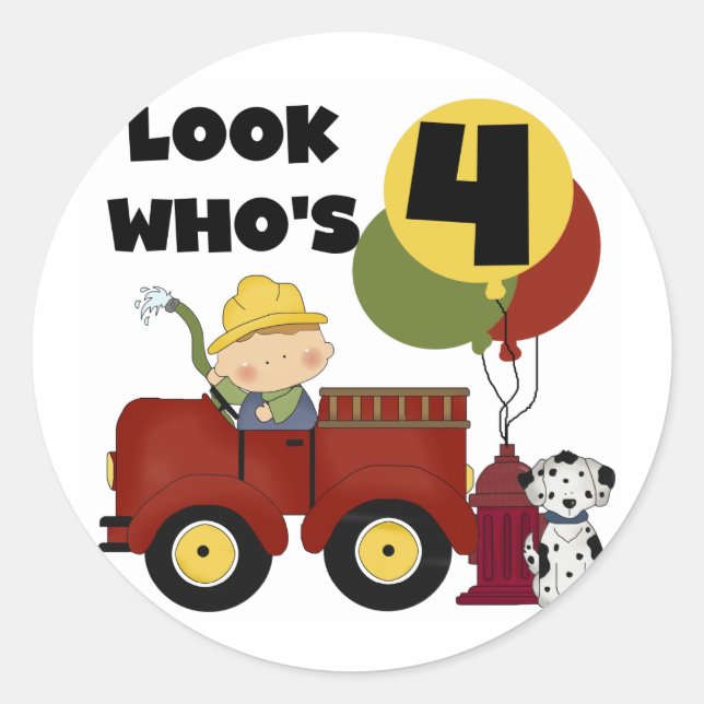 Sticker Rond Chemises et cadeaux Fireman 4ème anniversaire (Devant)
