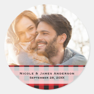 Sticker Rond Chèque de mariage moderne Noir & Rouge Plaid Faveu