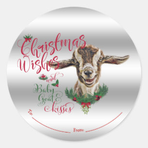 Sticker Rond CHÈQUE   Souhaits de Noël Bébé Chèvre Baisers Basc