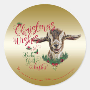 Sticker Rond CHÈQUE   Souhaits de Noël Bébé Chèvre Baisers Basc