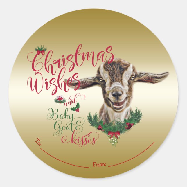 Sticker Rond CHÈQUE | Souhaits de Noël Bébé Chèvre Baisers Basc (Devant)