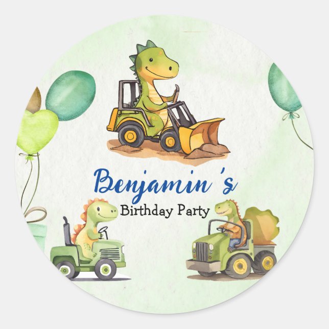 Sticker Rond Cher dinosaure de construction ballon de camion de (Devant)