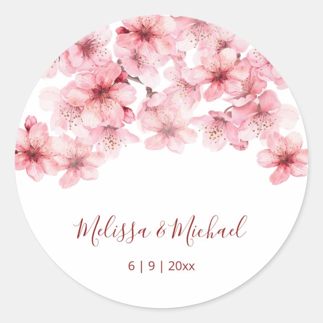 Sticker Rond Cherry Blossom Pink White Wedding (Devant)