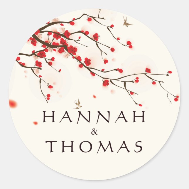 Sticker Rond Cherry Blossoms Mariage aquarelle personnalisée (Devant)