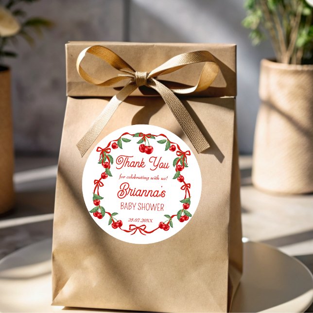 Sticker Rond Cherry sur le haut du ruban baby shower faveur (Cherry on top red ribbon cherry baby shower personalized favor sticker babu shower favors)