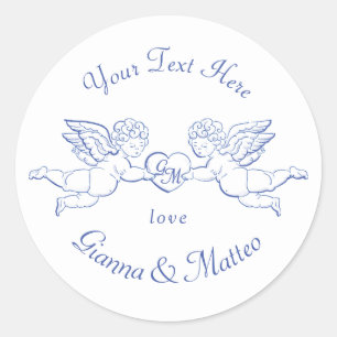 Sticker Rond Chérubins tenant un cœur couple Cupidons initiales