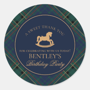 Sticker Rond Cheval à bascule en tartan pour fête d'anniversair