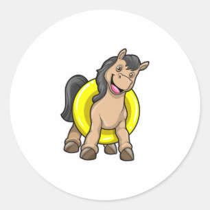 Sticker Rond Cheval à la plage avec anneau de natation