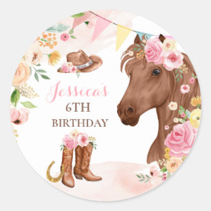 Sticker Rond Cheval Anniversaire Fête Cowgirl rose Floral Anniv
