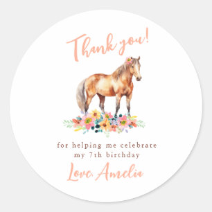 Sticker Rond Cheval Anniversaire Merci Pony Floral Pink