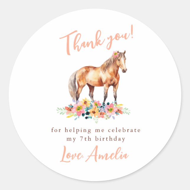 Sticker Rond Cheval Anniversaire Merci Pony Floral Pink (Devant)