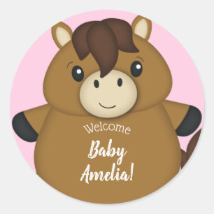 Sticker Rond Cheval Baby shower fille rose