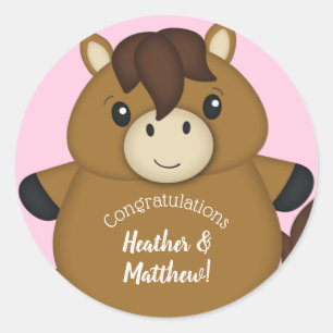 Sticker Rond Cheval Baby shower fille rose