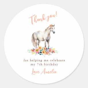 Sticker Rond Cheval blanc fête d'anniversaire Floral Merci rose