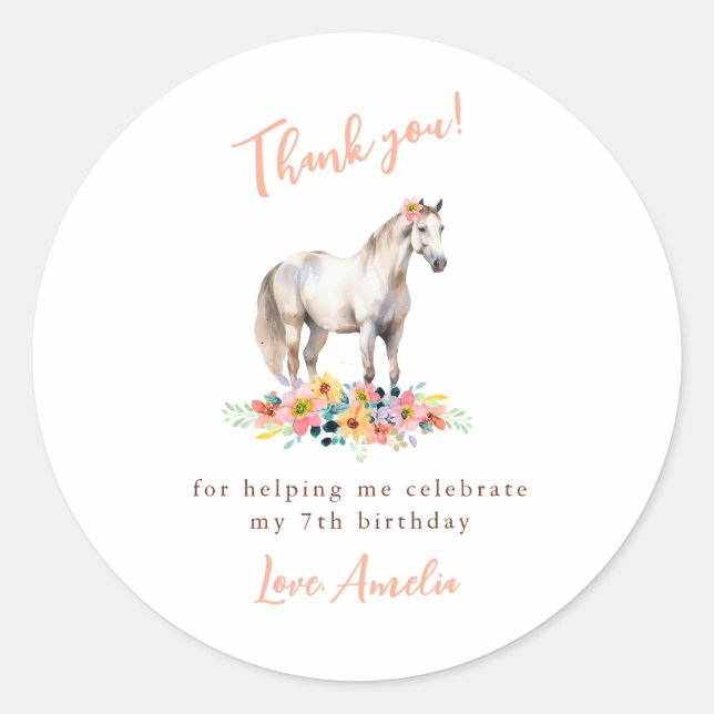 Sticker Rond Cheval blanc fête d'anniversaire Floral Merci rose (Devant)