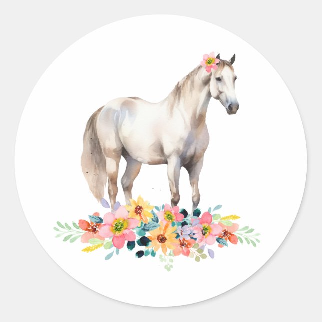 Sticker Rond Cheval blanc Pony Floral Aquarelle (Devant)