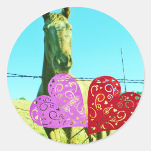 Sticker Rond Cheval blond et Coeurs rose et rouge