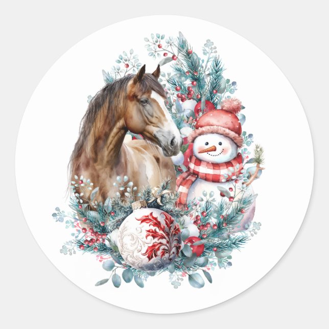 Sticker Rond Cheval bonhomme de neige aquarelle de Noël élégant (Devant)