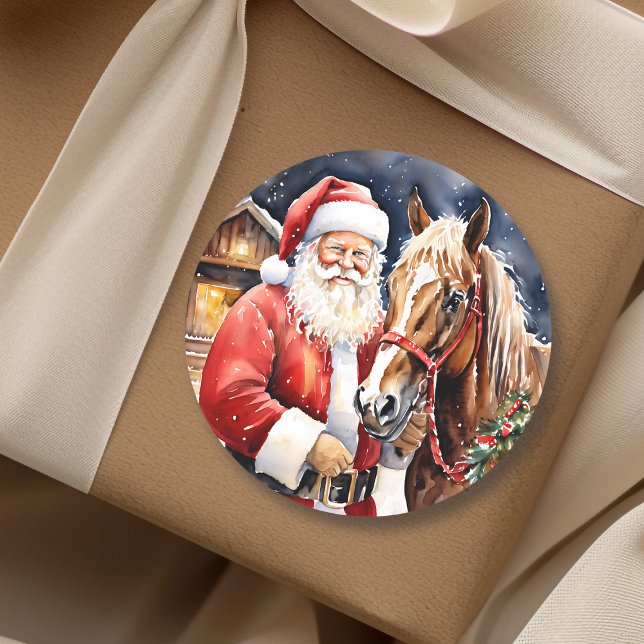 Sticker Rond Cheval Brown du Père Noël | Noël de ferme rustique (Créateur téléchargé)