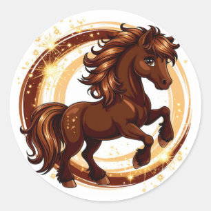 Sticker Rond Cheval Brun Animé Se Cabrant