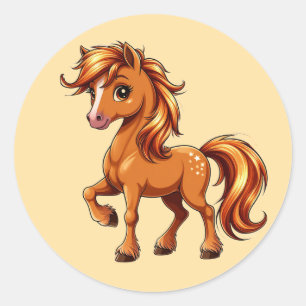 Sticker Rond Cheval Brun Animé Se Cabrant