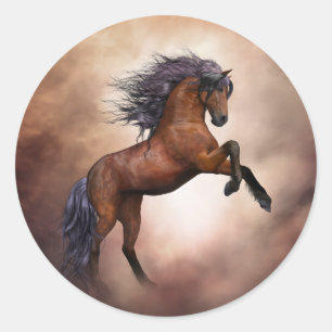 Sticker Rond Cheval brun friésien s'élevant avec des nuages bru