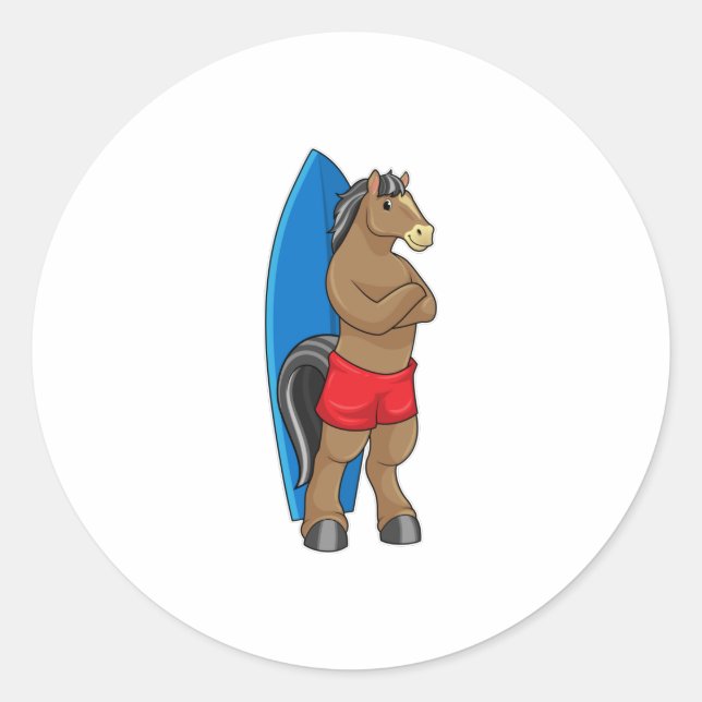 Sticker Rond Cheval comme Surfer avec Surfboard (Devant)