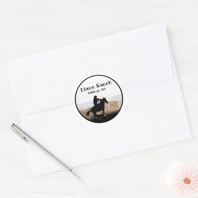 Sticker Rond Cheval Cowboy de Ranch Personnalisé Big Sky (Enveloppe)