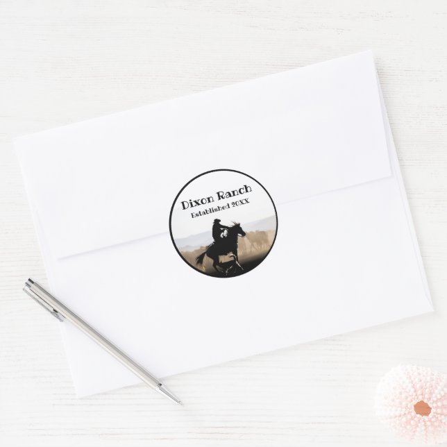 Sticker Rond Cheval Cowboy De Ranch Personnalisé Établi (Enveloppe)
