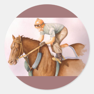 Sticker Rond Cheval de course et Jockey WaterColor