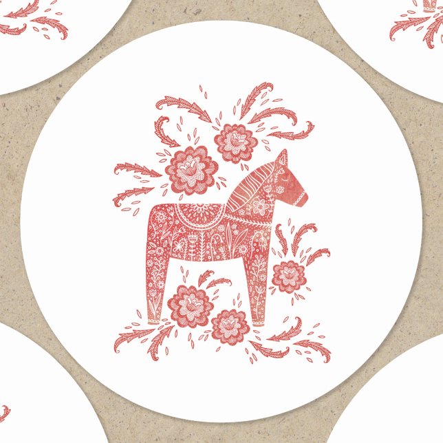 Sticker Rond Cheval de Dala suédois Rouge et blanc (Swedish Dala Horse folk art red and white stickers)