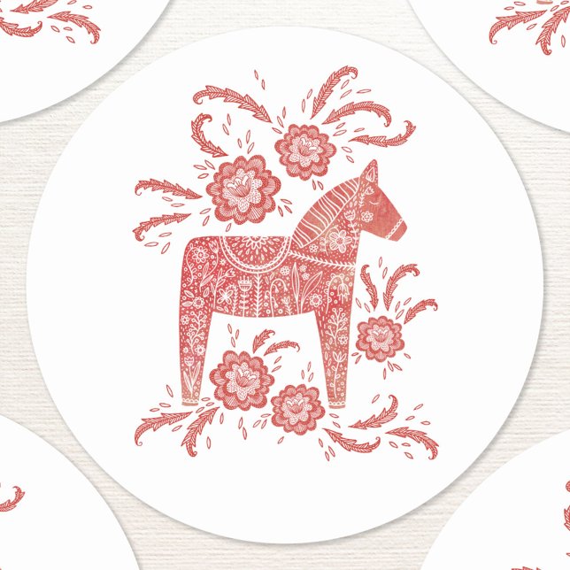Sticker Rond Cheval de Dala suédois Rouge et blanc (Swedish Dala Horse red and white folk art sticker)