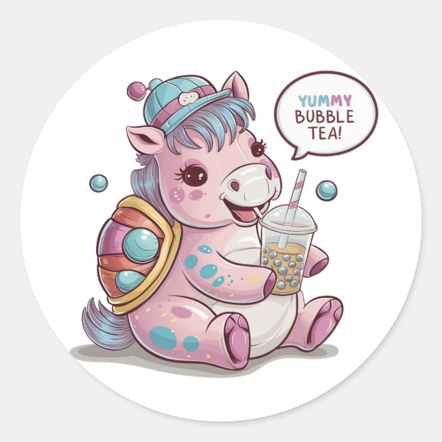 Sticker Rond Cheval de dessin adorable : Cosy, Kawaii Vibes (Devant)