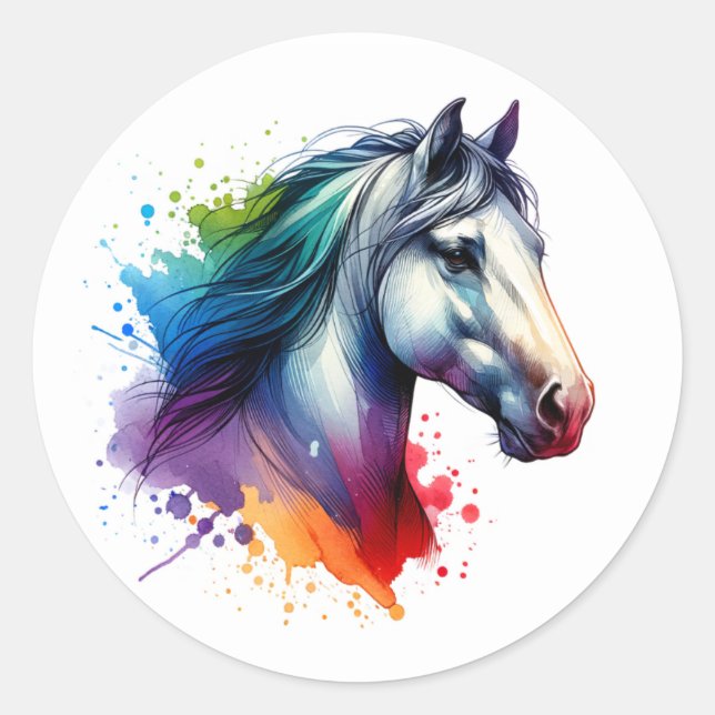 Sticker Rond Cheval de l'aquarelle arc-en-ciel (Devant)