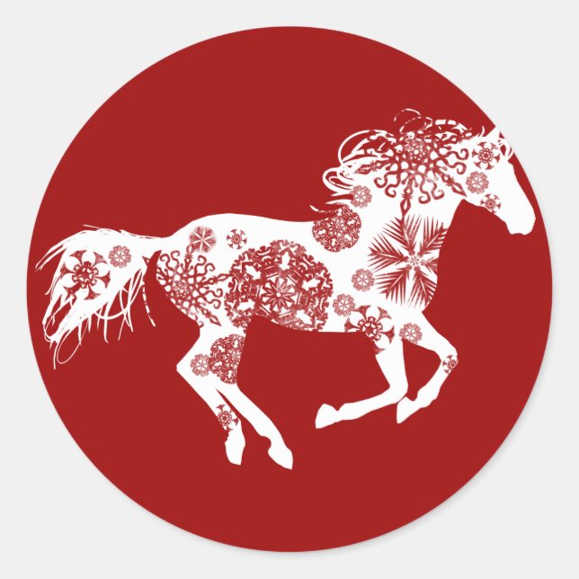 Sticker Rond Cheval de Noël aux flocons rouges et blancs (Devant)