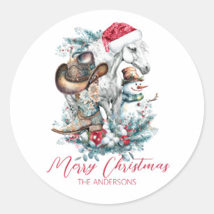 Sticker Rond Cheval de Noël en Chat de Noël cowgirl cowboy bott