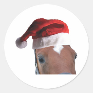 Sticker Rond Cheval de Noël Santa Hat