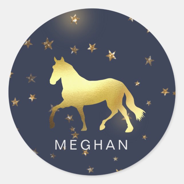 Sticker Rond cheval d'or étoiles équestre Monogramme Téléphone  (Devant)