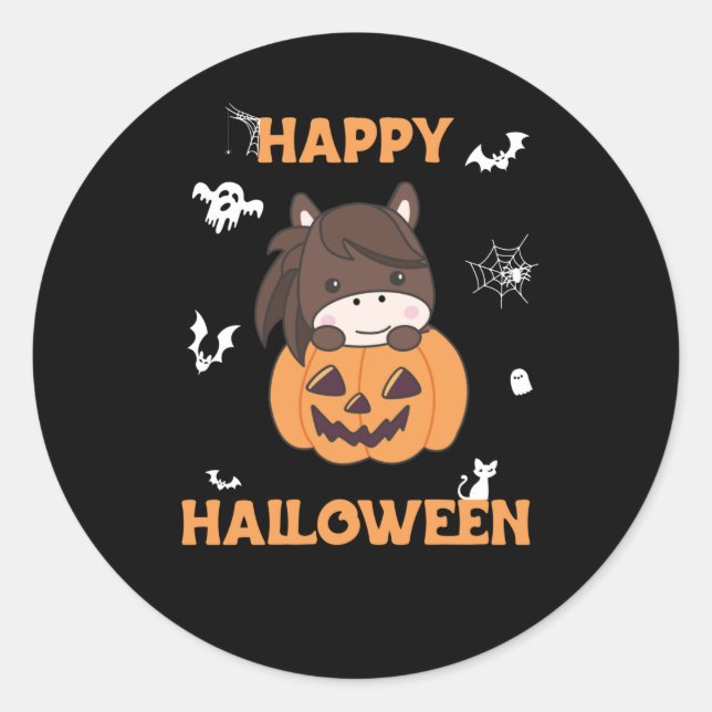 Sticker Rond Cheval En Chevaux Doux Citrouille Joyeux Halloween (Devant)
