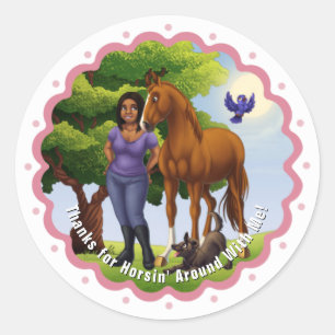 Sticker Rond Cheval et fille de châtaignes