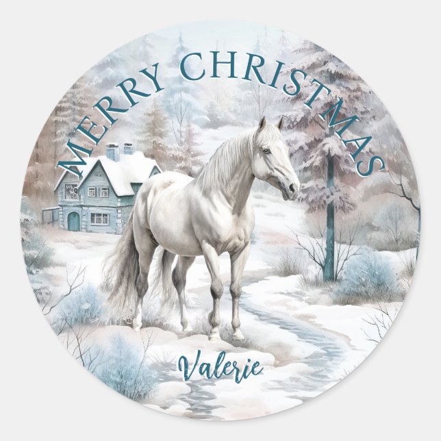 Sticker Rond Cheval hiver scène neige forêt Noël (Devant)
