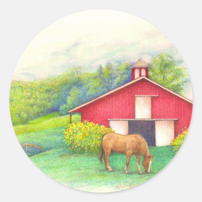 Sticker Rond Cheval illustré et tournesol personnalisé (Devant)