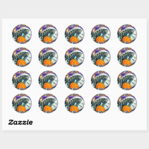 STICKER ROND CHEVAL MAGIQUE NOIR, OWL, JACK-O'-LANTERN & SKULLS