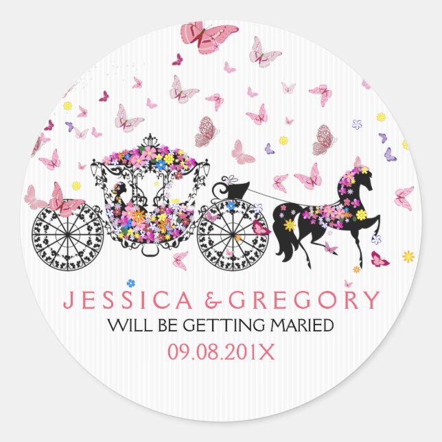 Sticker Rond Cheval mariage & Fleurs de transport & Papillons (Devant)